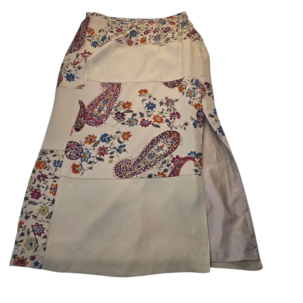 Josephine Chaus Vintage Silk Maxi Skirt Tan Paisley Floral Patchwork 14 Cottage